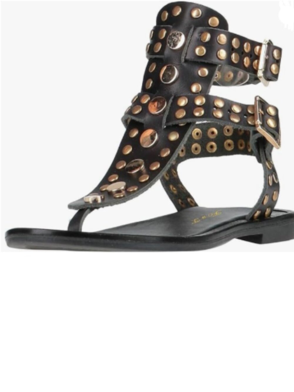 FOWT Black Round Split Toe Sandal Rivet Studded Flat Gladiators Ankle Strap Shoe